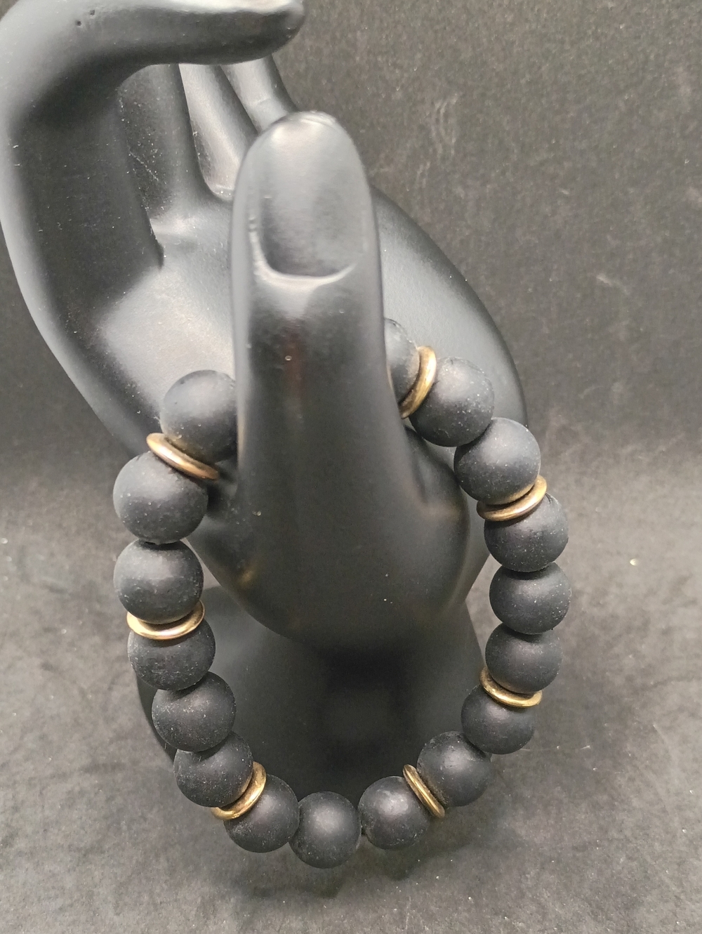 Matte Black Beaded Stretch Bracelet with Gold Accent